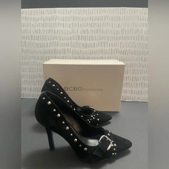 BCBG Generation -  Black Suede Studded Leather Stiletto Women’s Heels Size 7.5 - Picture 3 of 8